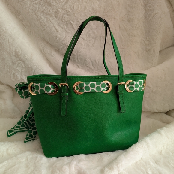 Michael Kors Kelly Green Satchel Tote Bag With Polka Dot Scarf HTF RARE COLOR - Picture 8 of 13